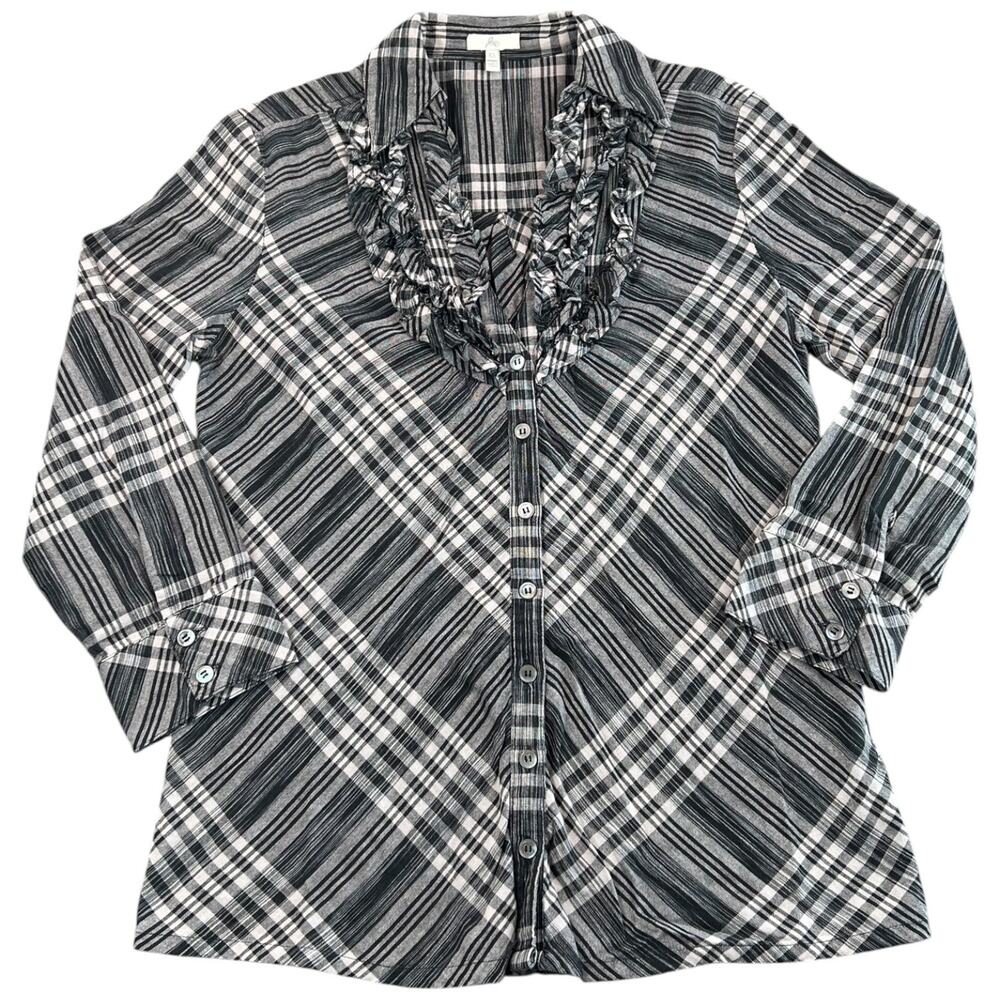 Joie Black White Gray Plaid Shirt Ruffle Button Front Blouse 3/4 Sleeve - XS